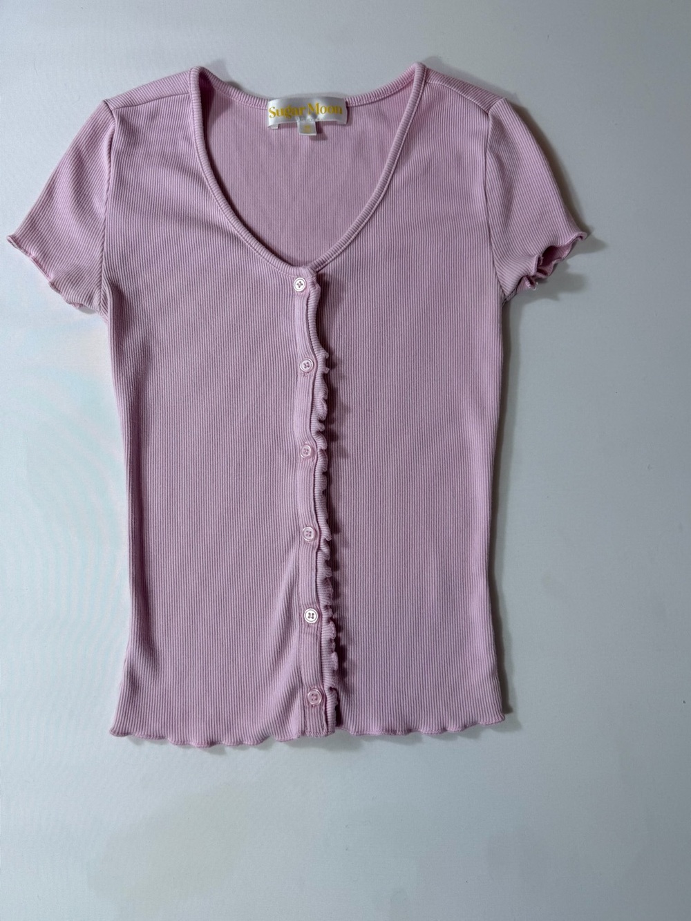 SUGAR MOON Juniors' Short sleeved V-neck Buttons T-Shirt Pink Size XS